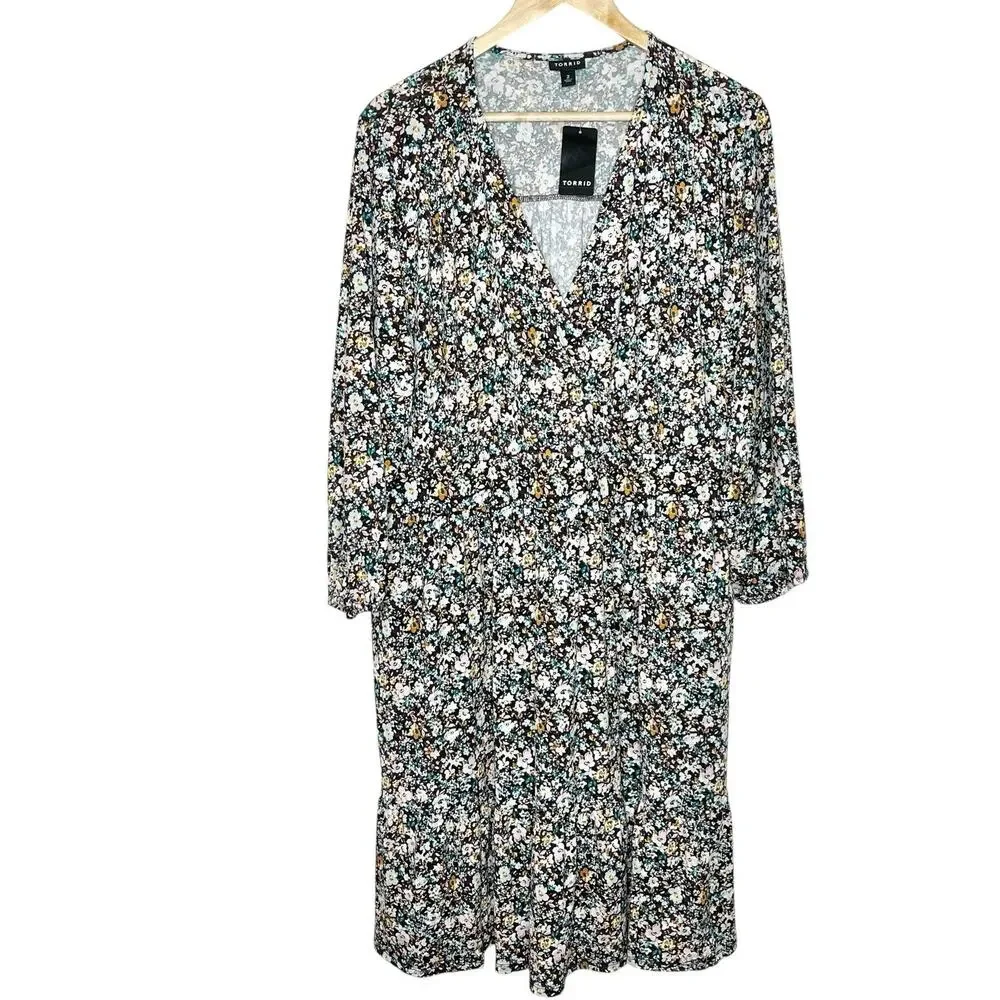 Torrid Floral Print Tiered Faux Wrap Dress Burgundy Womens 2X Wedding Guest